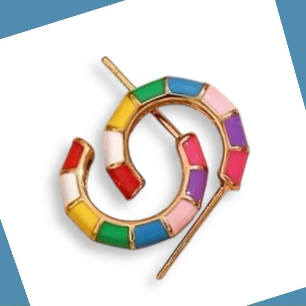 Multicolor Ceramic Mini Hoop Huggie Earring Colorblock Design NIB 18kgold plate